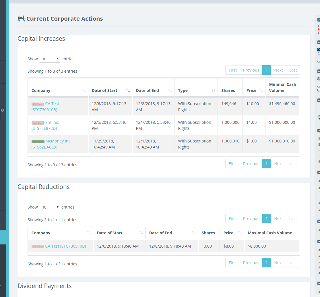 Curent Corporate Actions